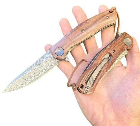 Obespina Couteau Pliant Poche Damas luxe Acier 67 Couches VG10 Damascus Lame Tranchante Manche Bois Collection Cadeau Fête Père Homme edc Clip Linerlock Edc Artisanat Suminagasi San Maï