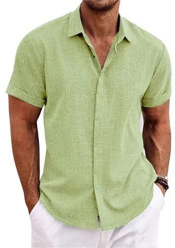 PADOLA Hombre Camisetas Lino de Botones Suelta Manga Corta Color Sólido Camisa de Verano Regular Fit Respirable(L,Verde Claro)