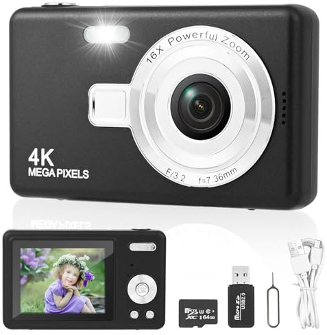 Digitalkamera Fotokamera mit 64GB Karte, 1080P FHD 40MP Kinder Kamera 2.4 LCD, Wiederaufladbare Kamera fotokamera mit 8X Digitalzoom digicam für Kinder, Erwachsene, Mädchen, Jungen (Schwarz)