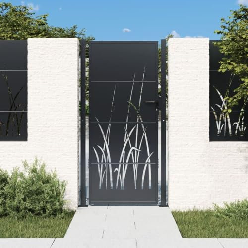 Metal Garden Gate, Swing Gate Entrance Security Door Anthracite 105x180 cm Steel Grass Design