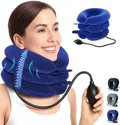 Entrenador cervical inflable para el cuello - Estirador de cuello ajustable para aliviar el dolor, almohada cervical ergonómica portátil con bomba de aire para casa y viajes (azul)