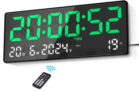 Lafocuse 15.5 Orologio da Parete Digitale Grande LED, Orologio da Tavolo con Numeri Grande, Telecomando, Calendario, Temperatura, Orologio Digitale per Cucina Soggiorno Camera da Letto Ufficio, Verde