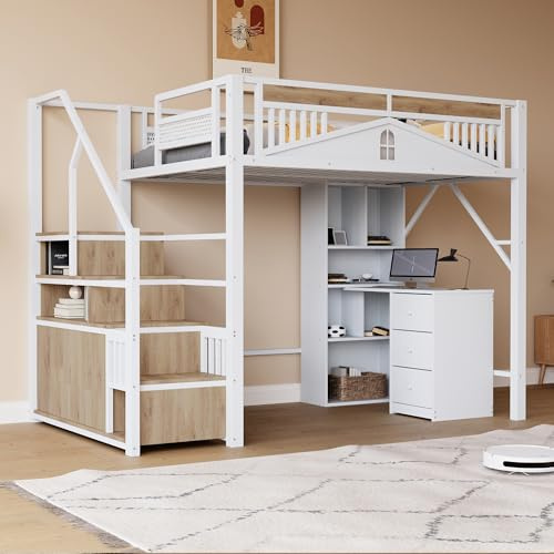 Zepneiy Cama Mezzanine 140 x 200 cm, cama elevada de metal, barrera de seguridad única con ventana, escalera de seguridad con casillero, Blanco (Colchón no incluido)