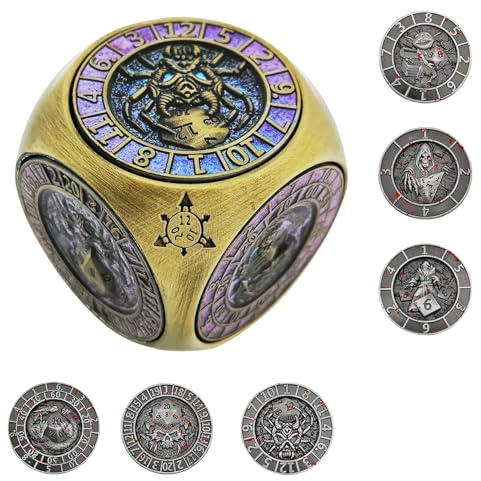2025 DND Spinner-Würfelset, 7-in-1 Metallwürfel mit 3D-Relief, polyedrische Rollenspielwürfel, Fantasy Tabletop-RPG-Zubehör, Geschenkidee für Dungeons and Dragons Fans (Antikblau-Rosa)