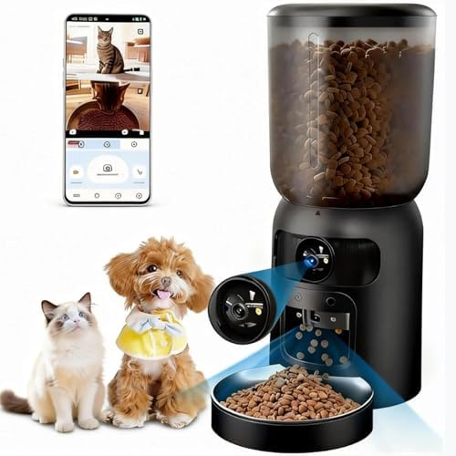 Voxblend Comedero automático para gatos con cámara 5G WiFi App Control: contenedor automático de almacenamiento de alimentos para perros de 5 litros con video HD 2K y visión nocturna, dispensador
