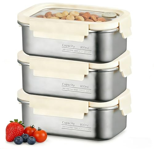 SUNOYA 3er Set Frischhaltedosen mit Deckel, 800ml Edelstahl Dose mit Deckel, Luftdichte Vorratsdosen Jausenbox, Auslaufsichere Behälter mit Sichtfenster & Vakuumverschluss