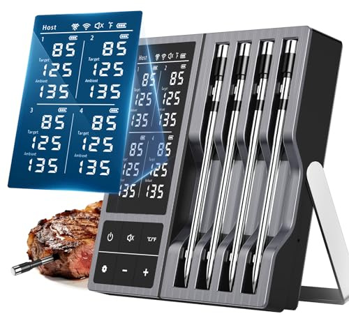 Smart Wireless Meat Thermometer with 4 Probes & 800ft Range, Bluetooth Grill Food Thermometer, Digital Backlit Screen, 0.5S Instant Read, NIST ±0.5℉ Accuracy for Kitchen BBQ, Oven, Smoker, Air Fryer