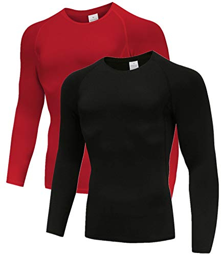 Holure Mens 2 Pack Base Layers Tops, Long Sleeve Gym Running Workout T Shirts for Men Red/Black01-XL
