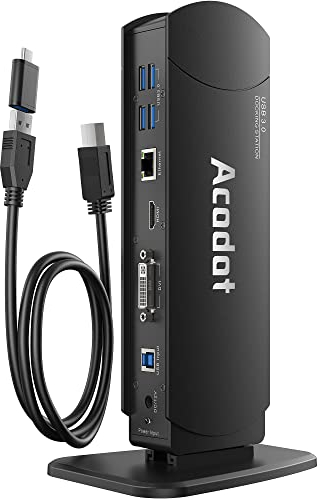 Acodot 13-in-1 USB-3.0 Dockingstation – Dual-Display für 2 Monitore (HDMI & DVI/VGA), 6× USB 3.0, Gigabit-Ethernet, Audio In/Out, bis 2560×1440@60Hz, inkl. DVI-HDMI & DVI-VGA Adapter