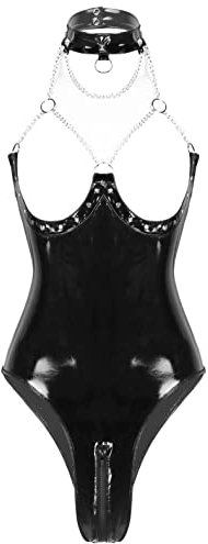 FEESHOW Damen Glänzend Bodysuit Ouvert Lack Leder Catsuit Trikot Stringbody mit Reißverschluss Brustfrei Dessous Clubwear S-4XL Schwarz M