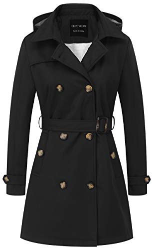 CREATMO US Women' Double Breasted Coat Mid-Length Belted Lapel Overcoat with Belt Black S