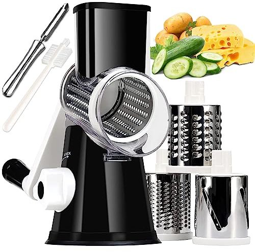 KEOUKE Rotary Cheese Grater Hand Crank Vegetable Cheese Shredder Slicer Grater for Kitchen 3 Changeable Blades for Cheese Potato Zucchini Nuts Chocolate (Black)