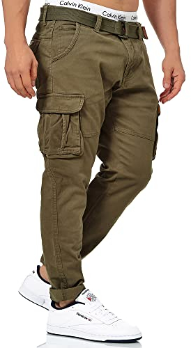 Indicode Herren Mathen Cargohose aus 98% Baumwolle inkl. Gürtel | Cargo Hose für Männer Army, M