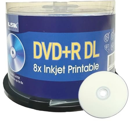 LSK Media DVD+R DL Double Layer 8X 8.5GB 240min Video, White Inkjet Printable, by , 50 Pack in Spindel | Blank DVDs for Burning Video | DVD Discs Blank | Recordable DVDs