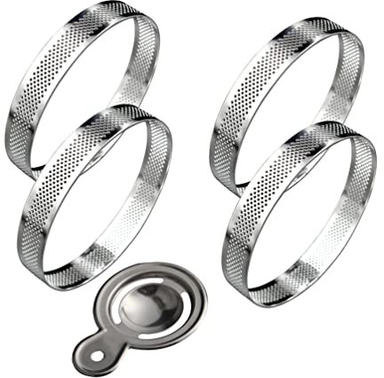 Stareal Lot De 4 Anneaux à Tarte Circulaires avec Trous en Acier Inoxydable pour Tarte Aux Fruits, Quiches, Gâteau, Mousse, Moule De Cuisine avec 1 Séparateur D'?ufs (5cm)