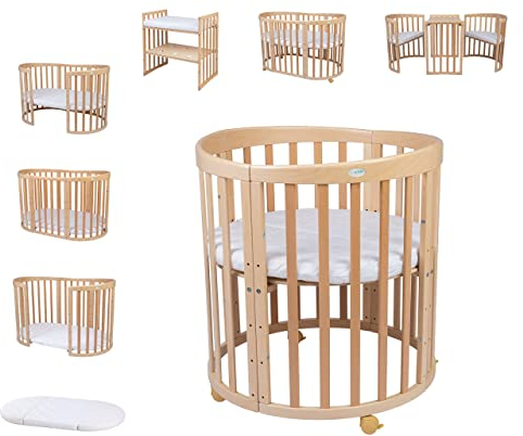 Waldin Oval Baby-Bett Mitwachsend Komplett Set 7in1, Gitterbett, Kinderbett mit Matratze, Wickelkommode, Beistellbett, Holz Natur