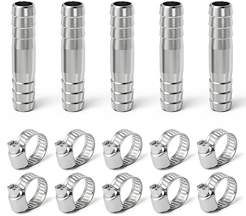 ERGAOBOY 5 Stück 14mm Edelstahl gerade Schlauch Barb, 2-Wege-I-förmige SUS 304 Schlauchverschraubung mit 10 Stück Klemmen