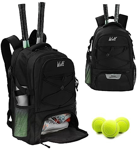 WOLT Tennis Bag Large Tennis Racket Backpack for Women Men, Holds 2 Racquets with Shoe Compartment Fits Badminton Pickleball Squash Racket, Black