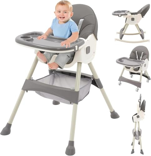 High Chair for Babies & Toddlers 5in1 Convertible Baby High-Chair Adjustable Height Seat Backrest Footrest Seat Detachable PU Cushion and Double Tray