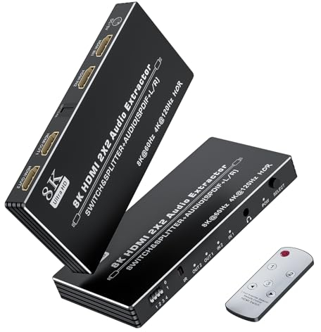 HDMI Switch Audio Extractor 2x2, Bolaazul 4K HDMI 2.1 Splitter Switcher 2 in 2 Out mit Audio Extractor 8K@60Hz 4K@120Hz | 40gbps | HDR | HDCP 2.3 | mit IR -Fernbedienung für Xbox/PS5/Fire TV
