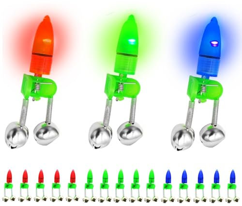 SenseYo 15 Pcs Fishing Bells Clips Fishing Rod Alarm with Dual Alert Bells with Colorful Lights (Red Green Blue)