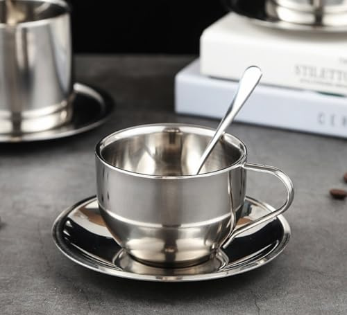 Stainless Steel Coffee Mug Set, 180ml Double Wall Coffee Mug with Saucer Cup Spoon Handle 3Pcs European Style Light- Luxury Metal Coffee Milk Tea Cup Set for Home, Cafes, Restaurant