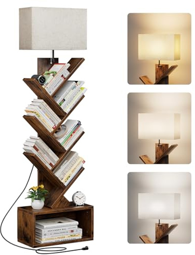 Evermagin 6 Tier Tree Bookshelf with Light, Narrow Bookcase Tower, Tall Floor Standing Book Organizer with Storage Cabinet for Living Room, Bedroom and Home Office, Rustic Brown