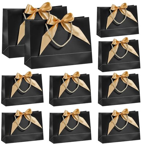 LEKEFETO 10 Stück Geschenktüten mit Schleifenbändern, Geschenktaschen aus Papier, Schwarz Geschenktasche mit Gold Schleifenbändern, Geschenktaschen mit Henkel für Geburtstag, Hochzeit, Festivalfeier