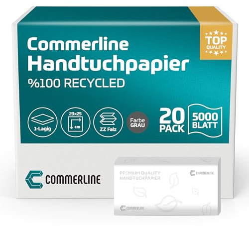 Commerline 5000 Blatt Papierhandtücher, 25x23 cm ZZ-Falz Handtuchpapier für Spender, 1-lagig Einmalhandtuch aus Papier, Falthandtücher für Toiletten, Hygienische Handtücher für Restaurants, Grau