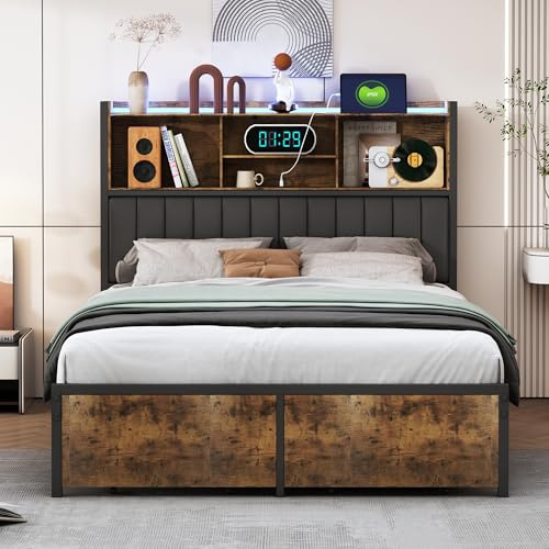 KeepGoon Letto Matrimoniale in Ferro con Testiera Imbottita 140 x 200 cm, Scomparti e Striscia LED, Doppi Cassetti, Presa USB, letto per riporre