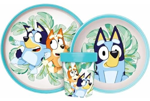 Set di stoviglie riutilizzabile per bambini bicolore – Set composto da 3 pezzi: Piatto, ciotola e bicchiere per bambini e bebé con base antiscivolo – Senza BPA (per BLUEY)