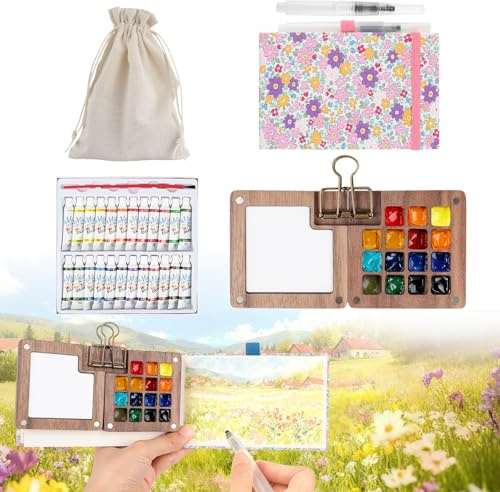 7 PCS Pocket Artist Watercolour Travel Set - 15 Grids Travel Watercolour Paint Set Portable, Mini Watercolour Paint Set Travel, Painting Set with Foldable Wooden Palette, Sketchbook, Brush (Pink)