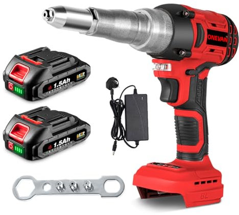 ONEVAN Cordless Rivet Gun Battery Riveting Pliers - 20,000 N Electric Rivet Gun, Stroke 18mm for 2.4-4.8 mm Blind Rivets, with 2x 1.5Ah Batteries Automatic Cordless Riveter(Red)