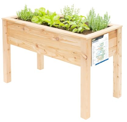 WESTMANN Hochbeet Emily aus Lärchenholz inkl. Aussaatkalender| 120x65x75 cm Natur | Kräuterbeet für den Außenbereich | Stelzenhochbeet zum Bepflanzen von Gemüse & Kräutern