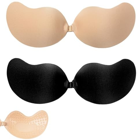 YouthLoxus 2 Pairs Sticky Bra, Invisible Strapless Push Up Bra, Adhesive Bra for Low Cut Dress Weddings Parties Dances, Daily Wearing (Beige + Black, Cup A)