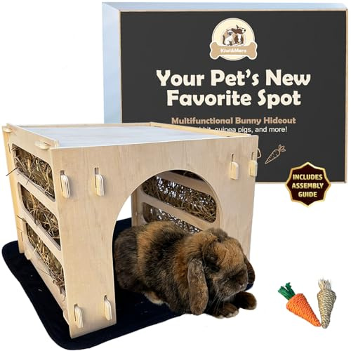 Kiwi&Mora Bunny House Hideout – Rabbit Hideout for Bunnies, Guinea Pigs & Other Pets | Large Indoor Wooden Tunnel Bed with Hay Feeder, Enrichment Toys & Accessories – Easy to Assemble & Clean