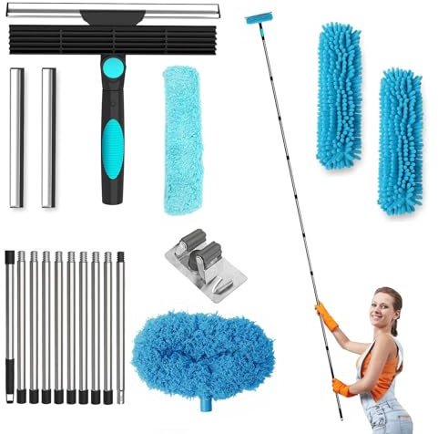 4-i-1 fönsterrengöringsset, fönsterrengörare med teleskopstång, utdragbar upp till 3,9 m, 360° svängbart huvud, mikrofiber & fönsterskrapa, professionellt fönsterrengöringsset för fönster, dusch, bil