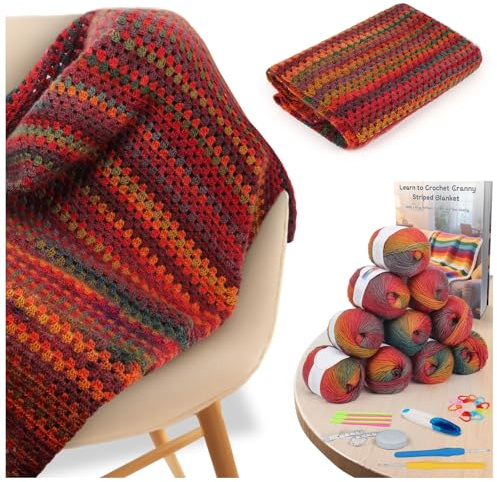 Aeelike Kit per uncinetto per principianti e adulti, kit di coperta all'uncinetto con istruzioni e video tutorial, 10 x 50 g di filato di lana sottile all'uncinetto vintage Ombre Granny Stripe Blanket