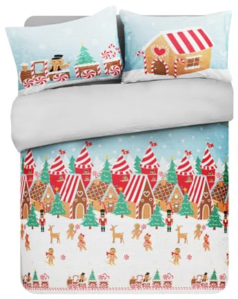 Velosso Gingerbread Village Christmas Bedding Set, Polycotton Duvet Cover with Button Closure, Machine Washable, Reversible Holiday Design with Nutcracker and Winter Scene (King)