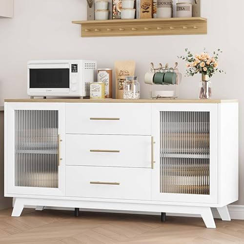 CABIHOME Buffet Cabinet, 56 Sideboard Buffet Storage Cabinet with Adjustable Shelves and Fluted Glass Door, Modern Coffee Bar, Table for Kitchen, Dining Room, Natural