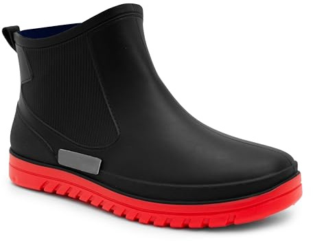 Mens Ankle Wellies Boots Short Slip On Waterproof Garden Chelsea Rain Boot Snow Farm Gardening Outdoor Festival Wellingtons (Black/Red, 8, UK Footwear Size System, Adult, Men, Numeric, Medium, 8)