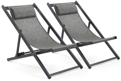 Mondeer Sun Lounger Set of 2, Folding Deck Chairs with Headrest and Adjustable Backrest for Garden, Pool, Patio, Load Capacity 130 kg, W104 x D58 x H95 cm, Black and Grey