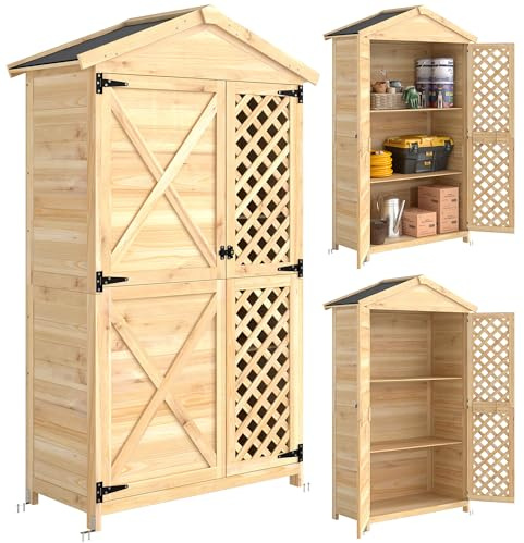 Outsunny Armario de Exterior de Madera Caseta Jardín Exterior con Techo de Asfalto 2 Puertas Ventiladas con Pestillo 2 Estantes Extraíbles Cobertizo de Jardín para Almacenaje Herramientas Natural