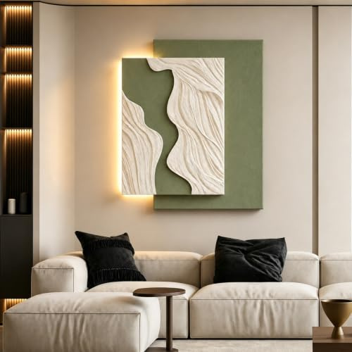 Texturerad LED Väggkonst, 3D Sandsten Abstrakt Väggdekor | Präglad Sandstensväggskulptur, Dimbara LED Fjärrkontroll Vardagsrum Sovrum Entré Matsal(Green,80x61cm/31.5x24in)