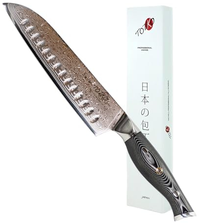 Totiko Cuchillo profesional de acero de Damasco, cuchillo de cocina profesional japonés de carne, pescado y verduras, hoja de 19 cm, Santoku Yoshinaka Damascato, mango de resina G-10 Japan Knives