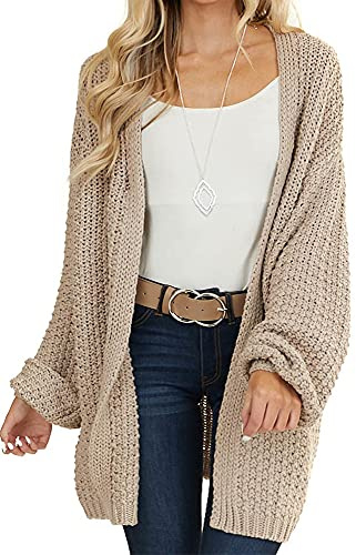 Maroway Women's Chunky Knit Cardigan Open Front Batwing Sleeve Sweaters Khaki