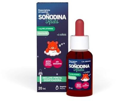 Soñodina Kids 20ml - Complemento Alimenticio con Melatonina y Vitamina B6 - Formulado para ayudar a facilitar la conciliación del sueño de los más pequeños - Incluye pipeta dosificadora - Sabor cereza