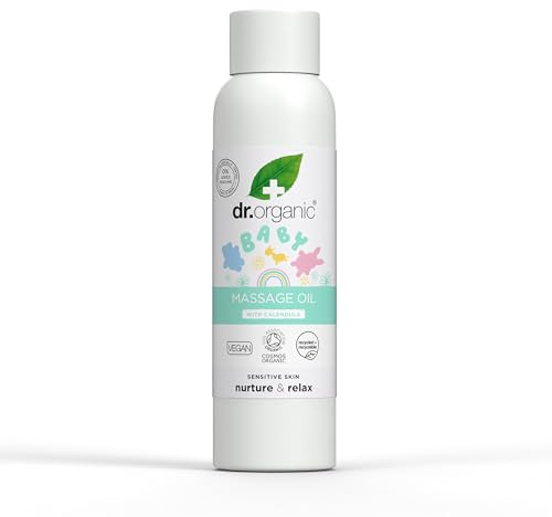 Olio da Massaggio per Bambini Dr Organic con Calendula, Pelle Sensibile, Lenitivo e di Legame, Testato Dermatologicamente, Cruelty-Free, Senza Parabeni e SLS, Certificato Biologico, 150ml