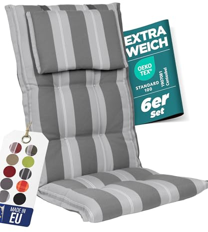 gardisun Gartenstuhlauflagen Hochlehner mit Kopfteil I Extra Dicke Sitzauflagen I Made in EU Polsterauflagen für Hochlehner I Auflagen mit extra hoher Lichtechtheit I 6er Set Anthrazit Streifen Breit