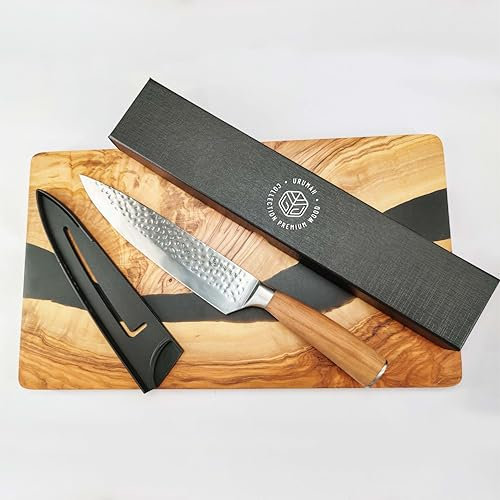 Couteau Japonais Couteau Cuisine Manche en bois d'Olivier et Lame en acier inoxydable - Etui de protection et Coffret Cadeau.